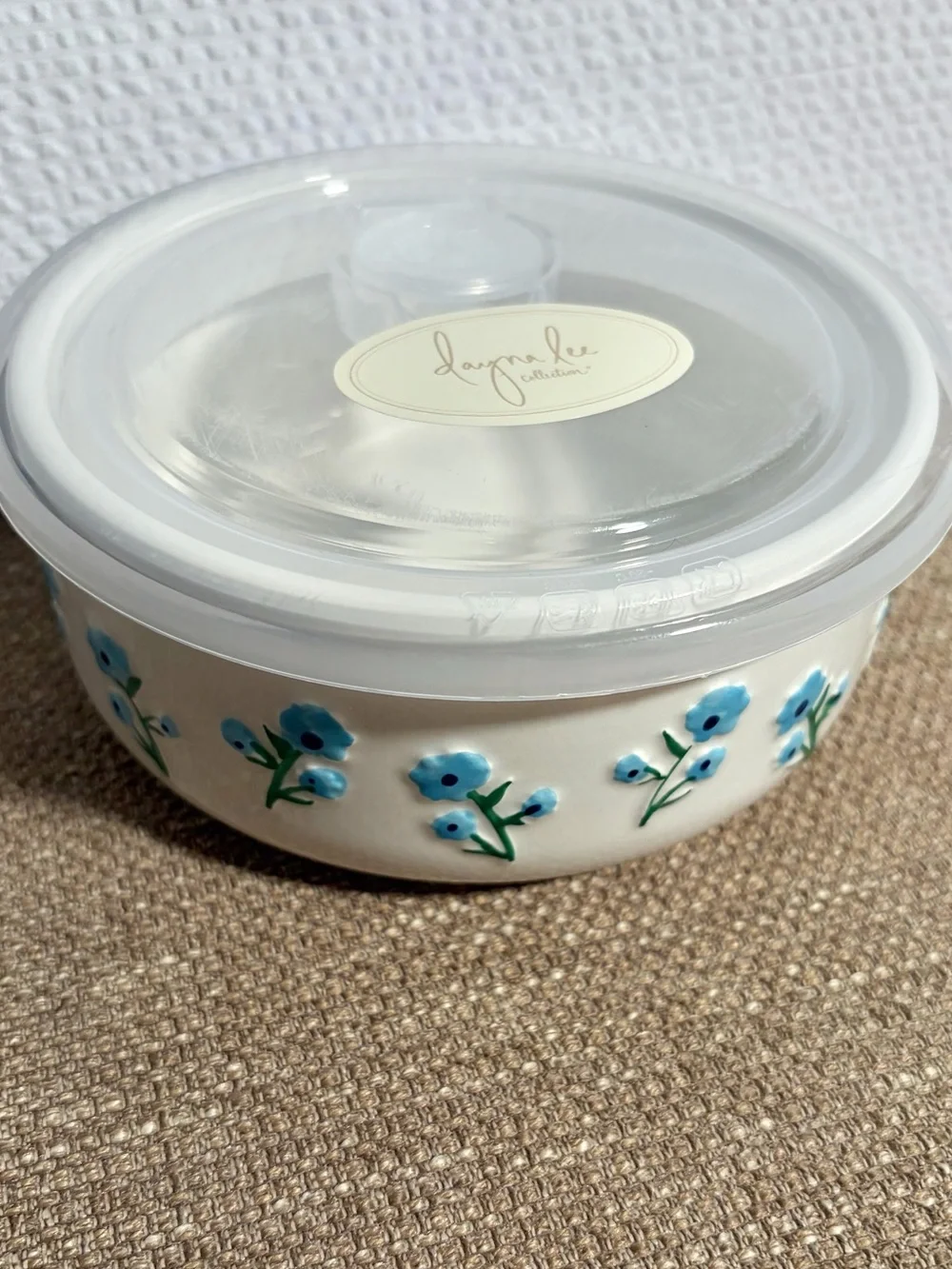 Ceramic Bowl with Venting Lid - Blue & Navy Floral Motif Textured Flower Design